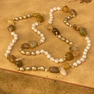 Natural Golden Quartz with White & Golden Pearls 50” Strand Necklace